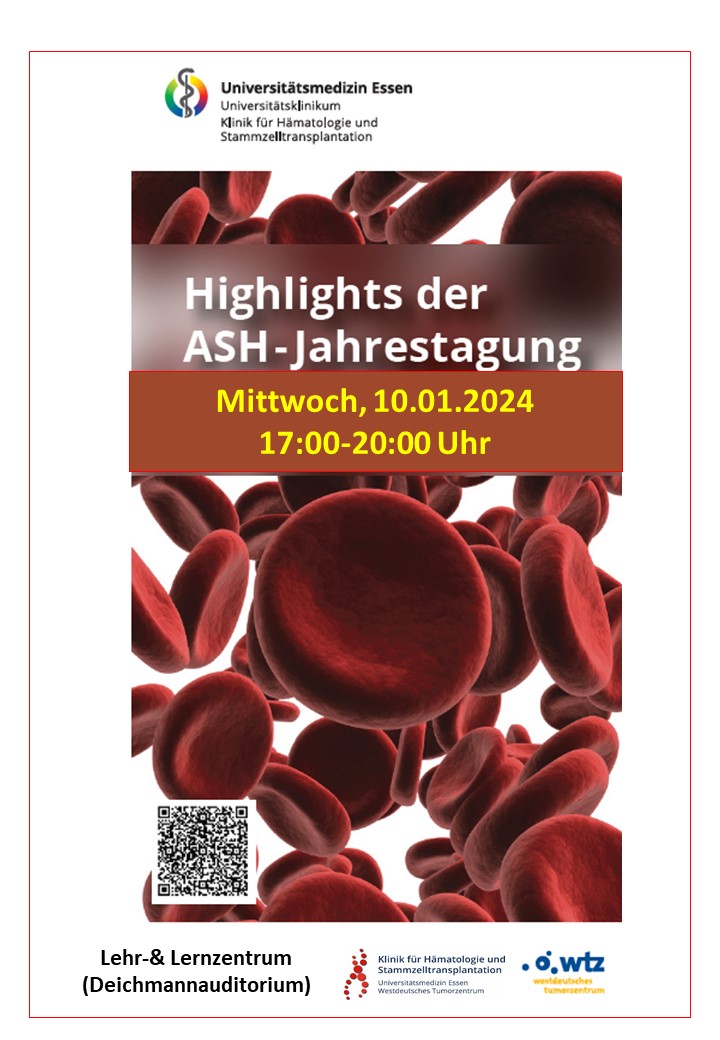 Save the date!👍Die #Highlights der #ASH_Jahrestagung2023 
bei uns am Mittwoch, 10. 01. 2024, 17.00-20.00 Uhr.
im Lehr-&amp; Lernzentrum <a href="/UniklinikEssen/">Uniklinikum Essen</a> 
Für das leibliche Wohl ist gesorgt, wir freuen uns auf viele Teilnehmende
<a href="/MedEssen/">Medizinische Fakultät Essen</a> <a href="/chr_reinhardt/">Christian Reinhardt</a> <a href="/roethal/">Alexander Röth</a>
