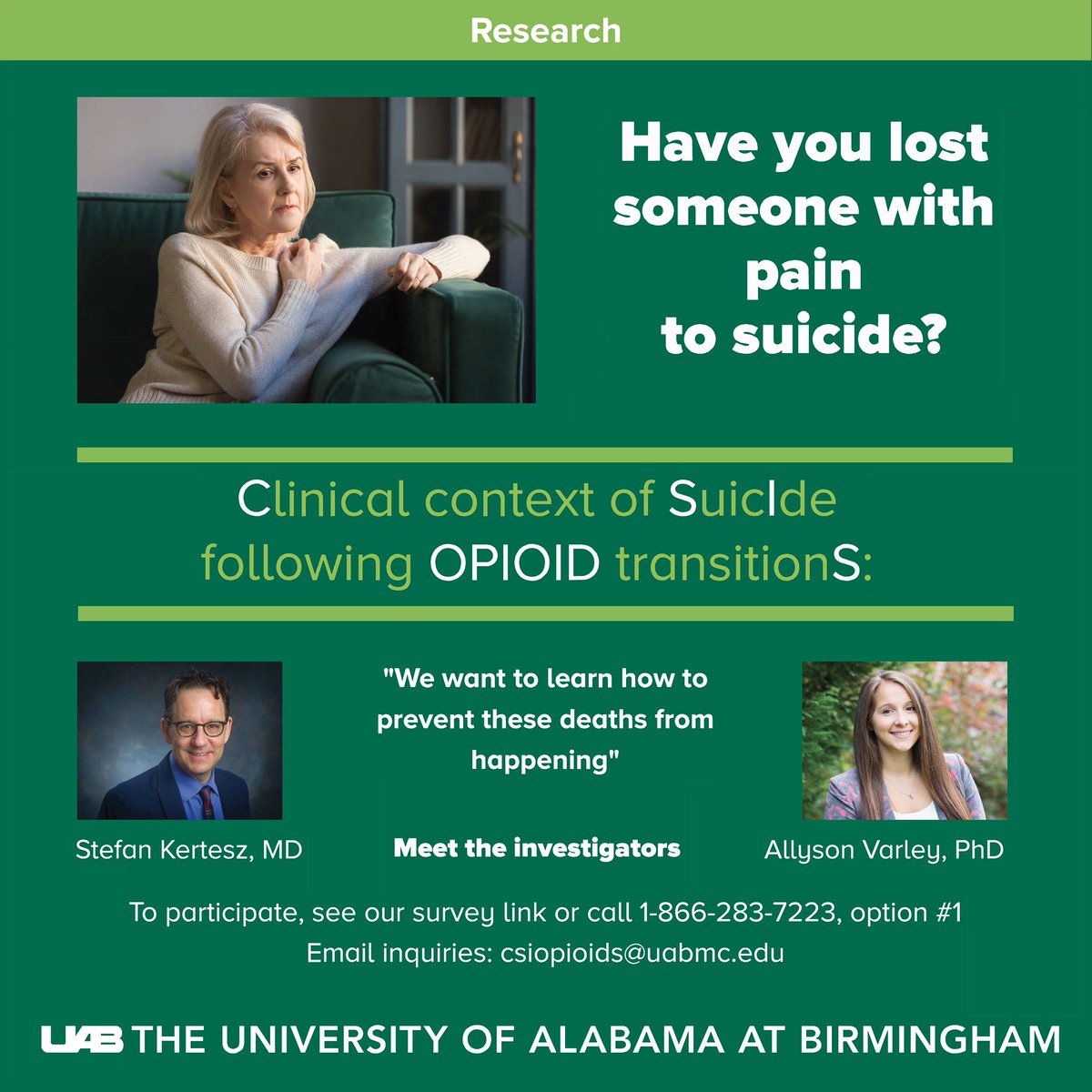 We are still recruiting survivors of #suicideloss to participate in #CSIOpioids. If you have lost someone with pain to suicide, please consider taking our brief screening survey: bit.ly/46ngRCD <a href="/StefanKertesz/">Stefan Kertesz, MD, MSc</a> <a href="/PainPtFightBack/">Anne Fuqua</a> @MeganMc_MedAnth