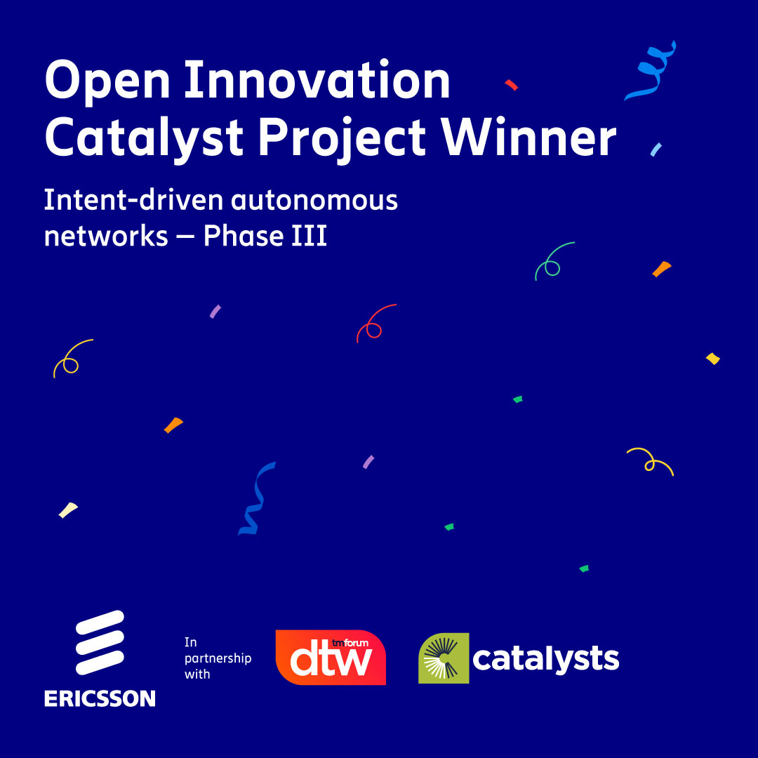 We're delighted to share our involvement in the 'Intent-Driven Autonomous Networks - Phase III', the Best Innovation & Future TechCo Catalyst Project in @tmforumorg's Open Innovation Category🌏 

#EricssonAtDTW23 #Recognition #DTW23 @tmforumorg
