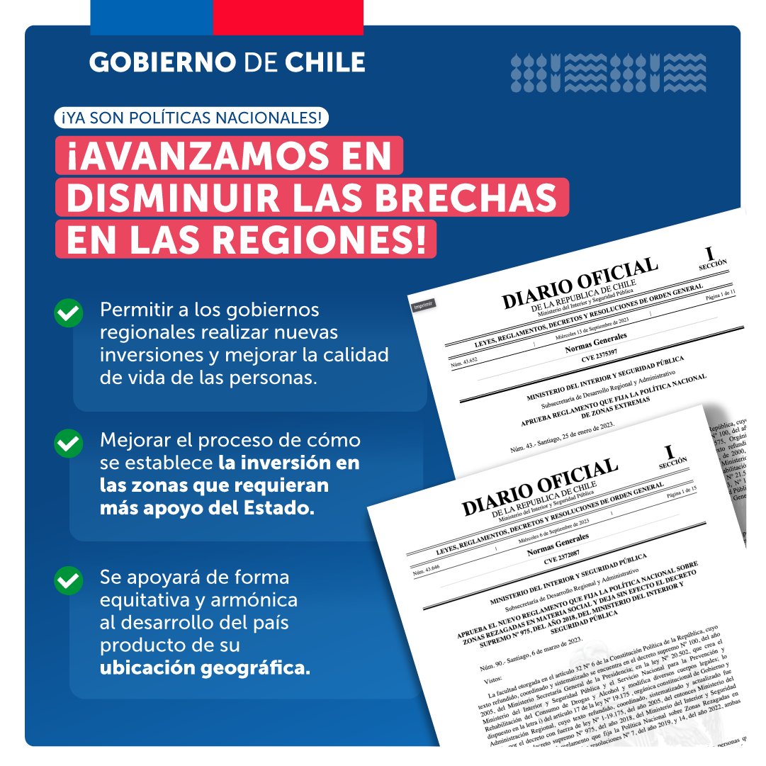 📣 ¡Las políticas de Zonas Extremas y Zonas de Desarrollo ya son políticas nacionales! 
Avanzamos en disminuir las brechas y mejorar la calidad de vida de todas las personas de todo el país, con más apoyo del Estado 🇨🇱