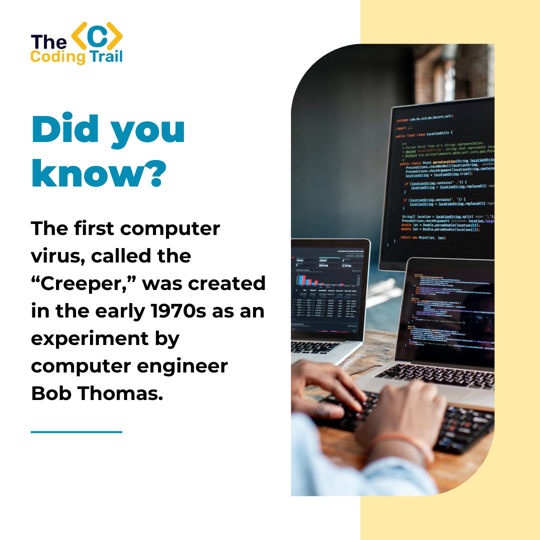 coding_trail's tweet image. The first computer virus, called the “Creeper,” was created in the early 1970s as an experiment by computer engineer Bob Thomas. It displayed the message “I’m the creeper, catch me if you can!” on infected machines.
👉 info@thecodingtrail.com
👉 thecodingtrail.com
#TCT