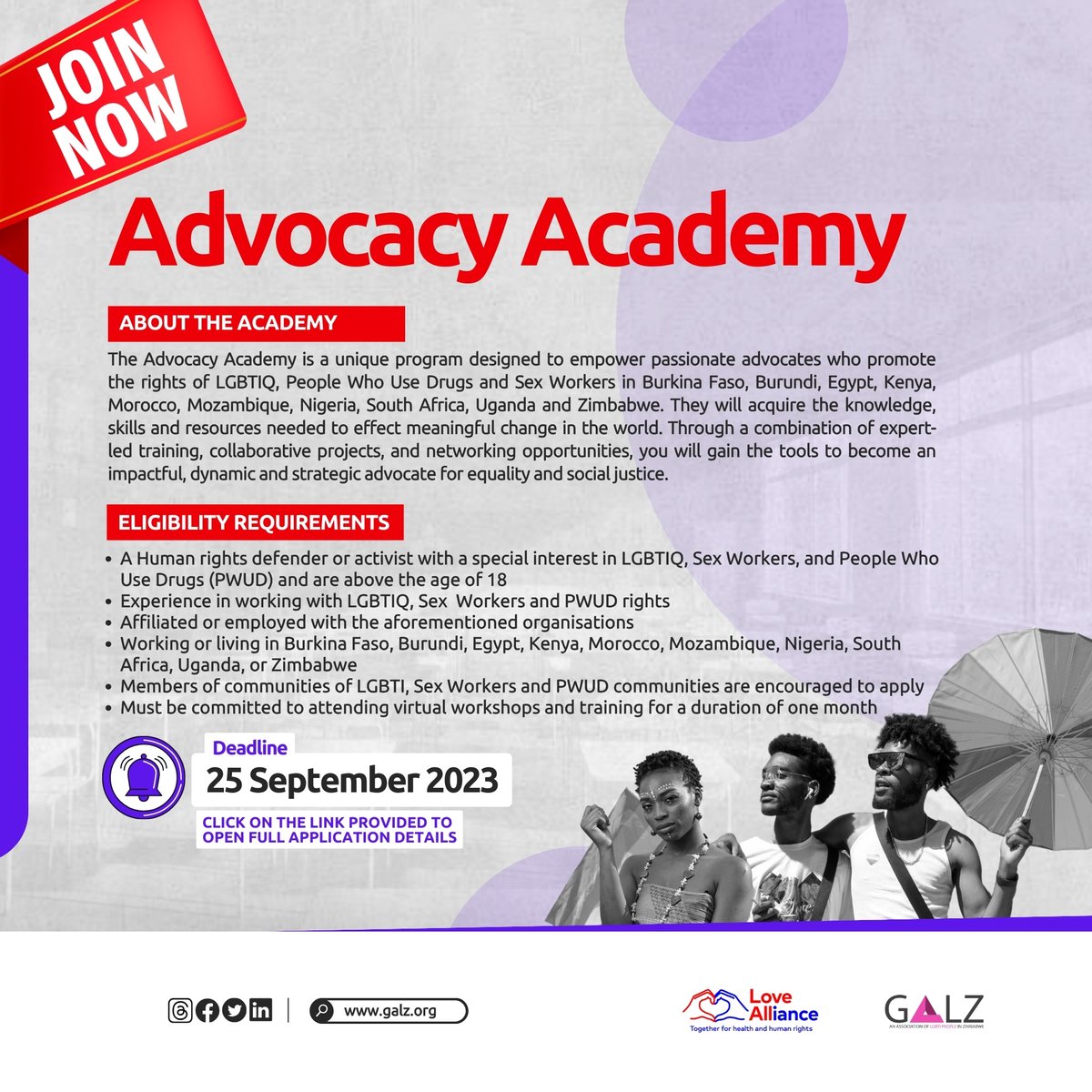 Join the Advocacy Academy and become part of a community dedicated to advancing equality and social justice. 
Application Details: bit.ly/3ELBYCD
#LoveAlliance