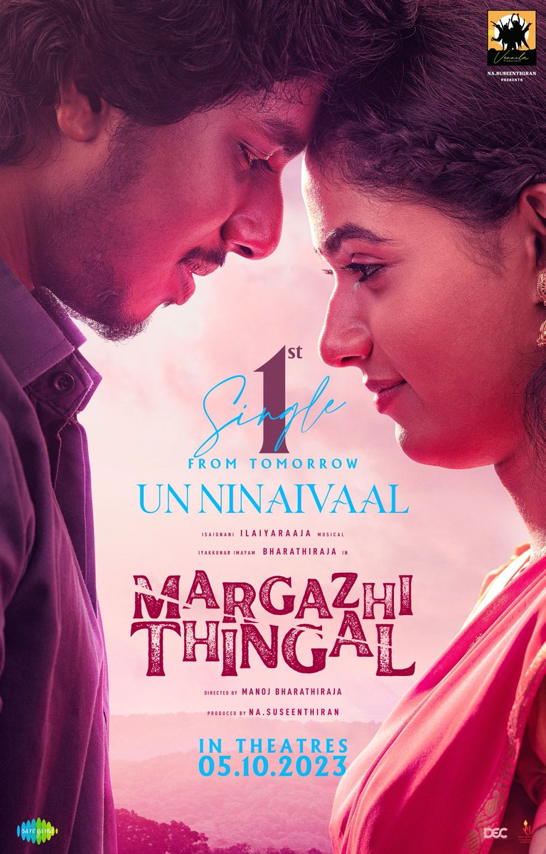 #UnNinaivaal, the first single from #MargazhiThingal releasing tomorrow at 5 PM✨

Isaignani @ilaiyaraaja Musical 🎶

Prod by @Dir_Susi 's #VennilaProductions
Dir by @manojkumarb_76 

@offBharathiraja @shyamshelvan @maalu1815 @naksha_saran @vanchijackson @editorthiyagu