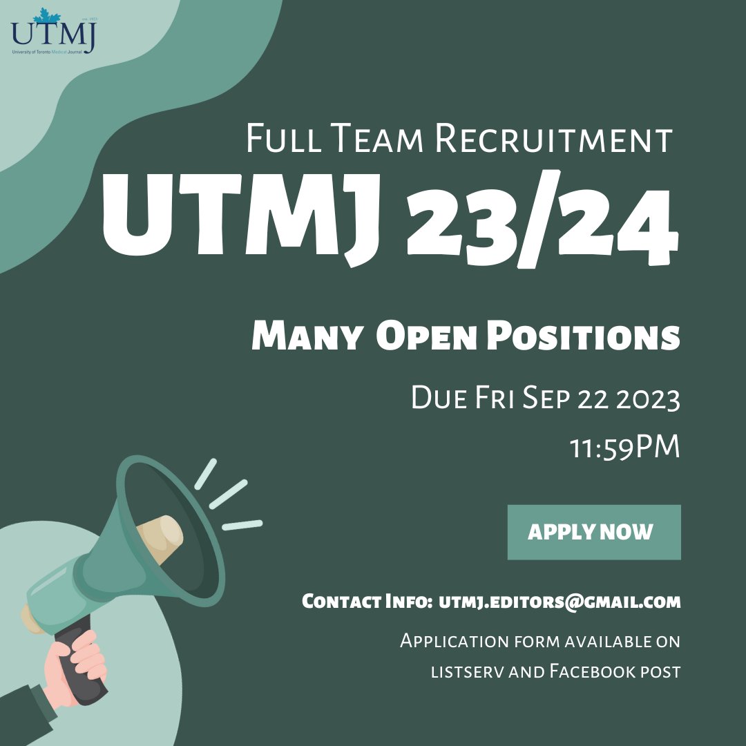 University of Toronto Medical Journal (@utmj_official) on Twitter photo Reminder the 23/24 UTMJ team hiring is closing TOMORROW at 11:59pm!
forms.gle/k68p49iChvwrqXā¦ā¦ā¦ Position descriptions can be found:
docs.google.com/document/d/15H⦠Please reach out with any questions to utmj.editors@gmail.com Reminder the 23/24 UTMJ team hiring is closing TOMORROW at 11:59pm!
forms.gle/k68p49iChvwrqXā¦ā¦ā¦ Position descriptions can be found:
docs.google.com/document/d/15H⦠Please reach out with any questions to utmj.editors@gmail.com