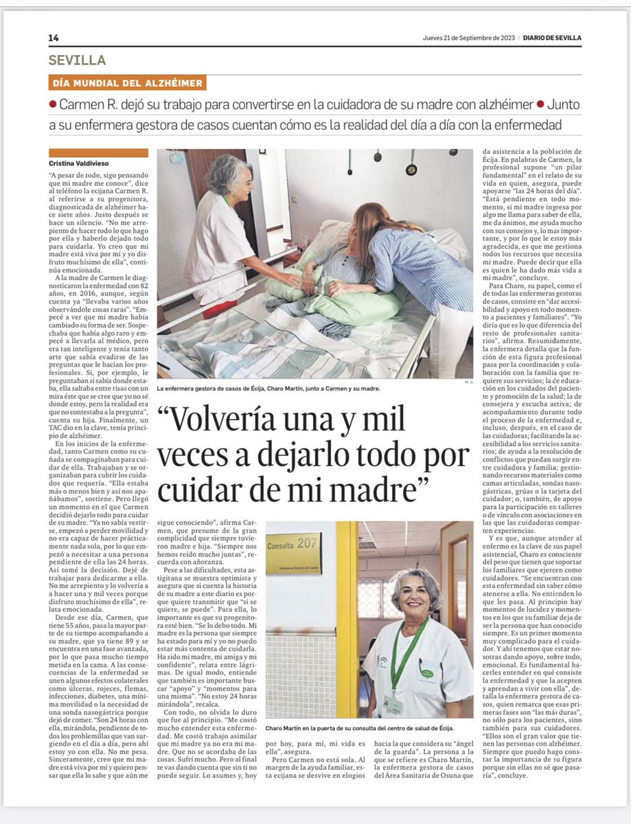 🗞️ #Enlosmedios 👉El periódico <a href="/diariosevilla/">Diario de Sevilla</a> recoge la historia de Carmen (cuidadora de su madre con  #Alzheimer) y Charo, enfermera gestora de casos del <a href="/AreaOsuna/">Área de Gestión Sanitaria de Osuna</a>.

🗣️ “Es mi ángel de la guarda. Gestiona todos los recursos que necesita mi madre”.

#DíaMundialDelAlzheimer
