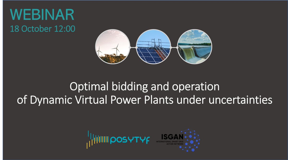 Our upcoming webinar will present POSYTYF  results on the optimal bidding and operation of Dynamic Virtual Power Plants considering  different types of uncertainties.
Register here: lnkd.in/eG5Xdk4V
<a href="/ENTSO_E/">ENTSO-E</a> <a href="/rte/">RTÉ</a> <a href="/CentraleNantes/">Centrale Nantes</a> <a href="/IIT_Comillas/">IIT Comillas</a> <a href="/enedis/">Enedis</a> #RenewableEnergy