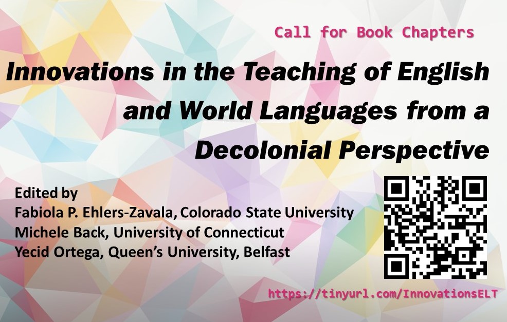 New!!! Edited book call for chapters alert. Please disseminate widely among your peers. We would love to have your work as part of our ongoing promise to hum[x]nizing language teaching and research. For more info check the QR code and/or this link: tinyurl.com/InnovationsELT