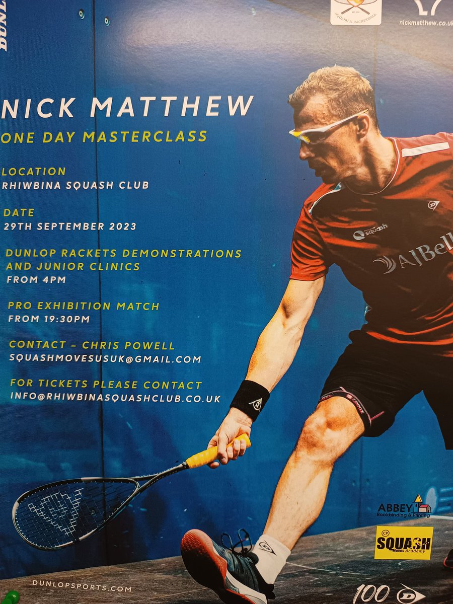 The exhibition match from 730 pm is <a href="/nickmatthew/">Nick Matthew OBE</a> V world ranked 66 <a href="/Dunlop_UK/">Dunlop UK</a> English player Simon Herbert. This is a full on professional competitive match. Refereed by WSO Ref <a href="/jasonfozzie/">Jason Foster</a> Can't wait. <a href="/sqwales/">🏴󠁧󠁢󠁷󠁬󠁳󠁿 SQUASH WALES</a> <a href="/SquashRhiwbina1/">Rhiwbina Squash Club</a> @GtSquash