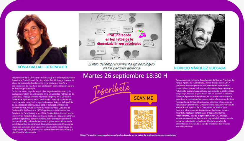 PorOtraPAC's tweet photo. Nuestras queridas amigas de #RedTERRAE retoman su ciclo de webinars🥳 :

"El reto del emprendimiento #agroecológico en los parques agrarios" 
👥@CallauSonia (Diputació de Barcelona @diba) y Ricardo Márquez (Heliconia Scoop), 
🗓️26 de septiembre, 18:30h
ℹ️👉https://t.co/5GtHurOvWe https://t.co/7WLu69RZ0z
