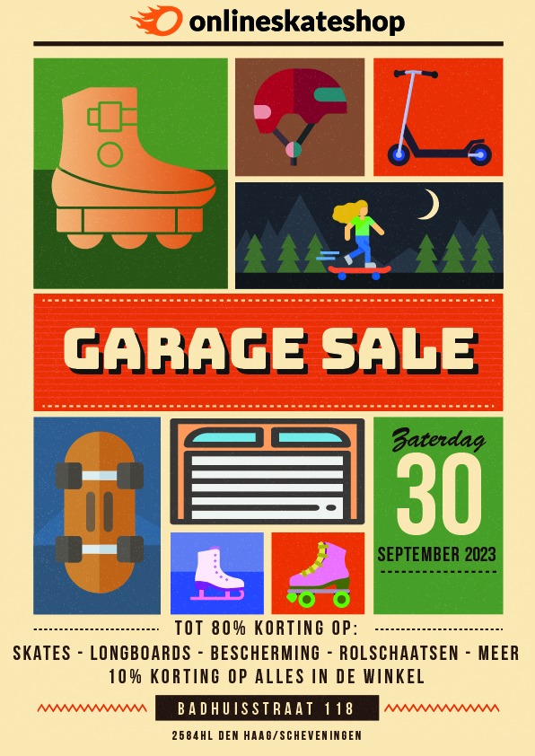 Kom langs bij oonze spectaculaire Garage Sale bij Onlineskateshop.nl! 🛒 Ontdek kortingen tot wel 80% op skates, rollerskates, longboards, schaatsen, wielen, frames en meer! 🛹🏒 Kom langs in de garage achter onze winkel. 😃 #SkateSale #GarageSale #Onlineskateshop