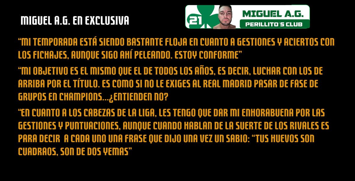 fantasyQNLV's tweet photo. Lo prometido es deuda y aquí tenemos la entrevista con @IamPerillito en la que analizó el rendimiento de su equipo Perillito´s Club y se dirigió también a otros equipos de la liga en una charla sin desperdicio https://t.co/jq1I2wT2IW