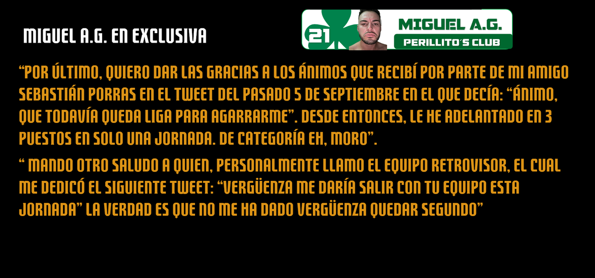 fantasyQNLV's tweet photo. Lo prometido es deuda y aquí tenemos la entrevista con @IamPerillito en la que analizó el rendimiento de su equipo Perillito´s Club y se dirigió también a otros equipos de la liga en una charla sin desperdicio https://t.co/jq1I2wT2IW