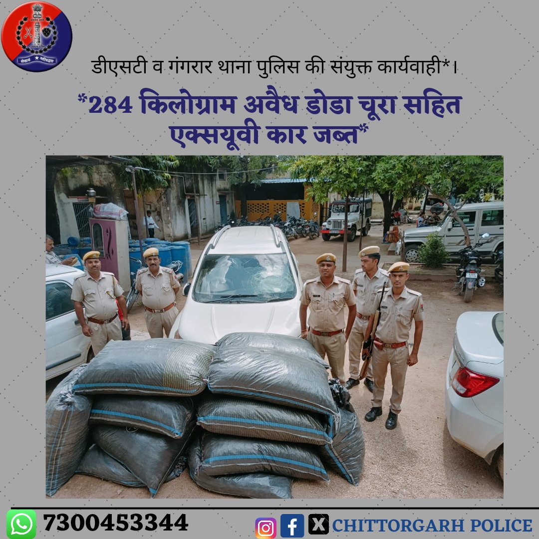 ChghPolice's tweet photo. #चित्तौड़गढ़। डीएसटी व गंगरार थाना पुलिस ने बुधवार रात गंगरार थाना क्षेत्र में अवैध मादक पदार्थों के तस्कर का संयुक्त रूप से लगातार 30 किलोमीटर पीछा कर 284.806 किलोग्राम अवैध डोडा चूरा सहित एक्सयूवी कार को जब्त किया है | @PoliceRajasthan https://t.co/rDYJ1QOKSN