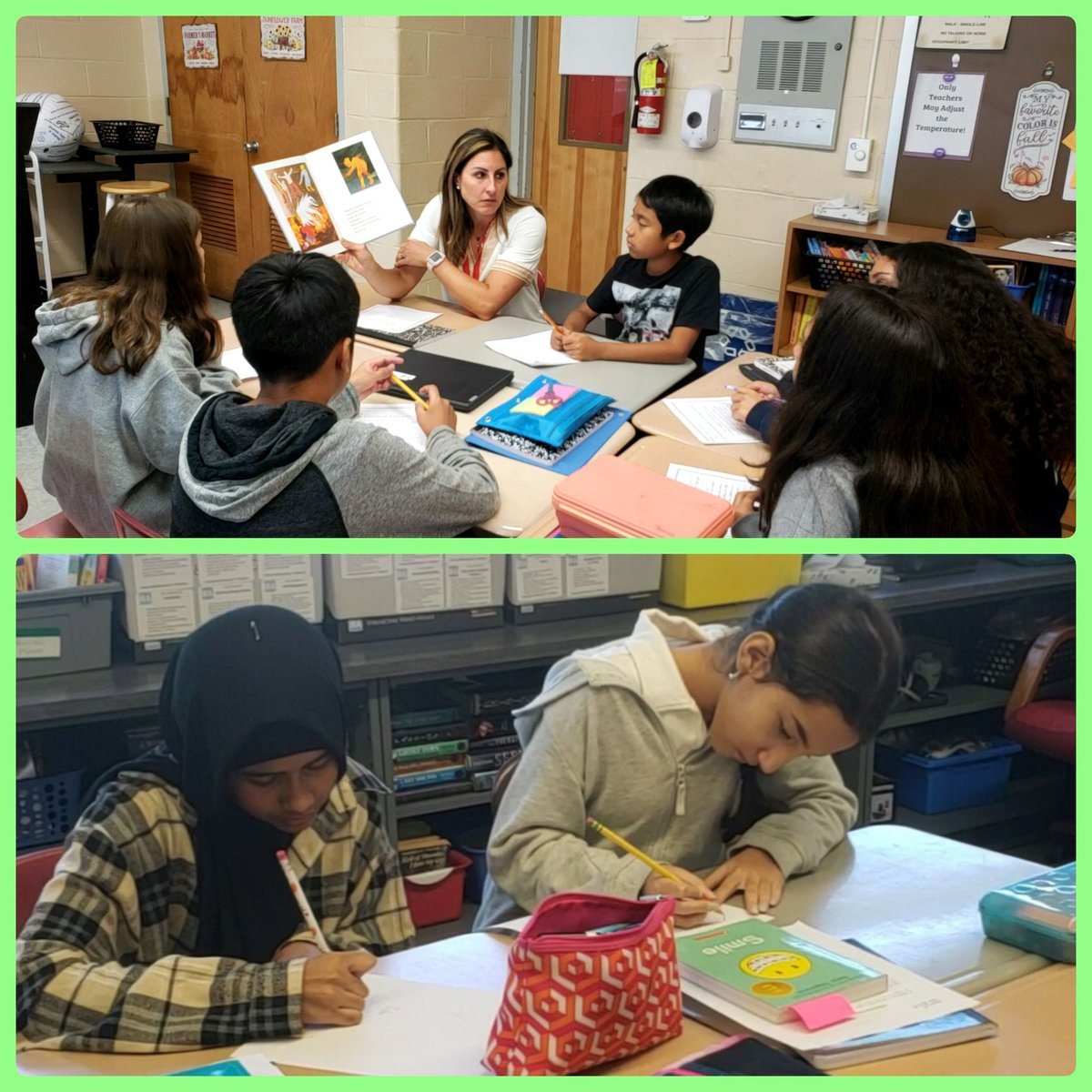 Working together to identify theme and find supporting evidence. #KCS #6thGradeELA