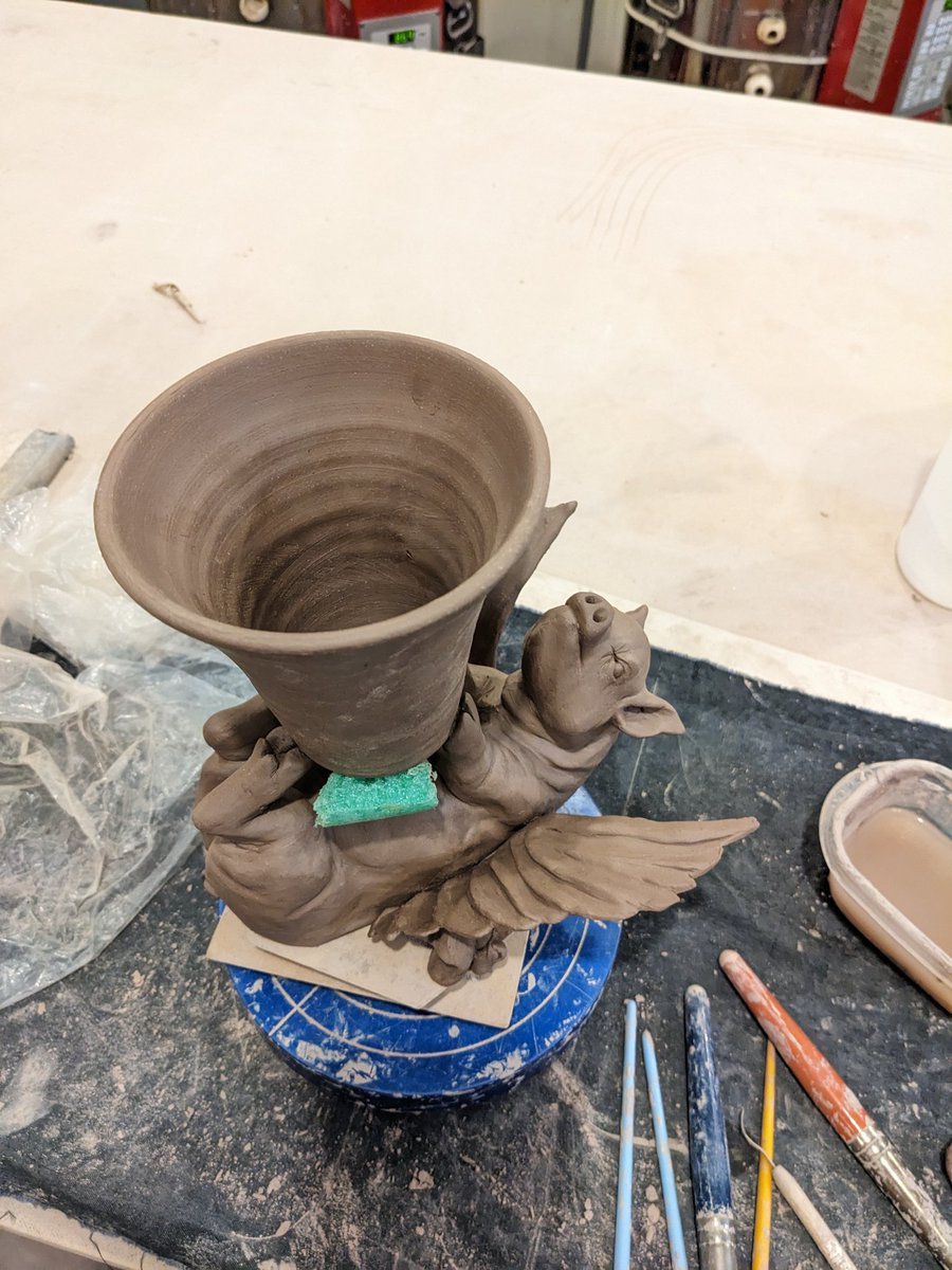 The trophy is done and drying. #trophy #flyingpig #ceramics #pottery