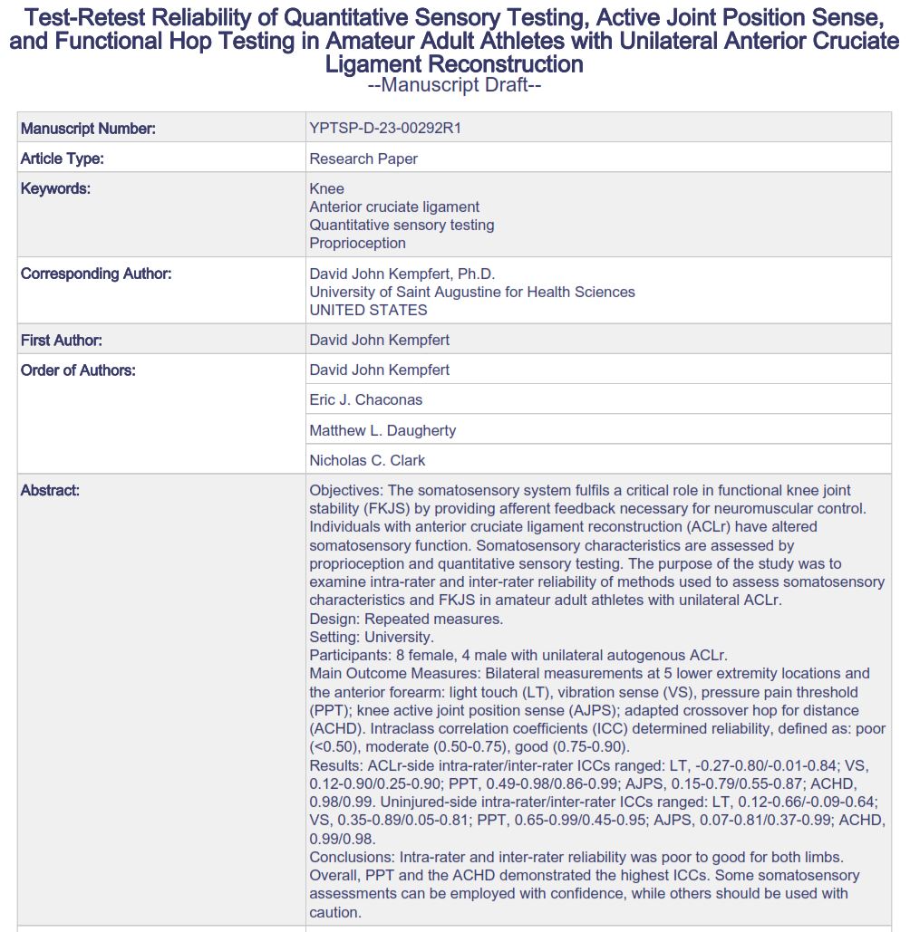 DrNickCC's tweet photo. QUANTITATIVE SENSORY TESTING, ACTIVE JOINT POSITION SENSE, &amp; HOP TESTING AFTER ACL-R

Pleased to see this accepted for publication in @PTiSJournal 

Great to work w @DavidJKempfert et al 👊

#Knee #ACL #QuantitativeSensoryTesting #SensorimotorControl #MotorControl #Proprioception https://t.co/9lXf7Rm5GL
