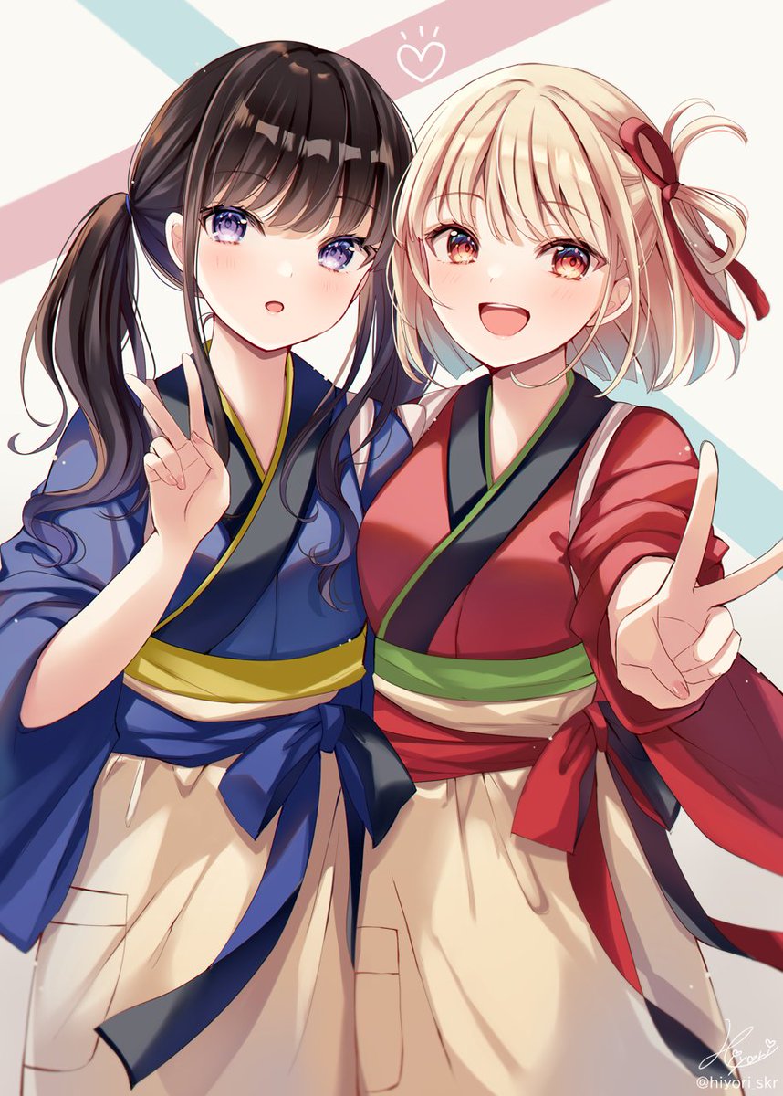 inoue takina ,nishikigi chisato multiple girls 2girls japanese clothes kimono blonde hair black hair red kimono  illustration images