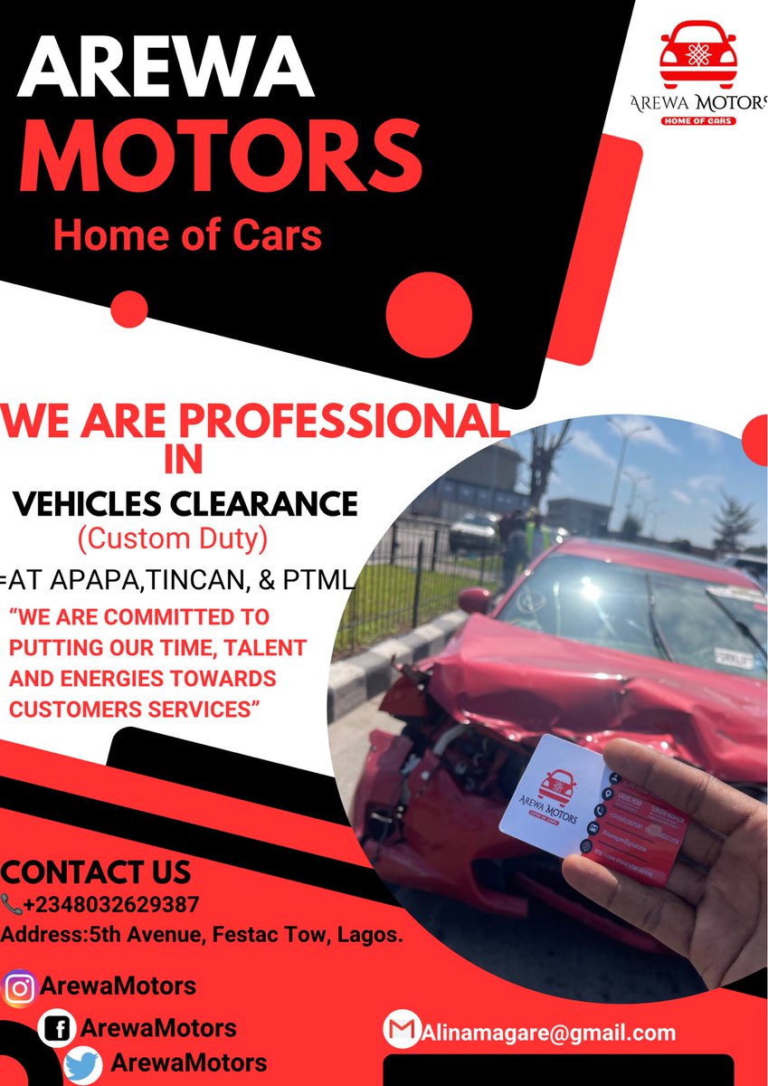 ArewaAuto's tweet image. PLS🙏🏾 RETWEET 

GET YOUR VEHICLES CLEARANCE /CONTAINER CLEARANCE (CUSTOM DUTY)
WITH US AREWA AUTO MOTORS AT TINCAN, APAPA, &amp;amp; PTML

WE ARE COMMITTED TO PUTTING OUR TIME, TALENT AND ENERGIES TOWARDS CUSTOMERS SERVICES

FOR ENQUIRE:
Whatsapp 08032629387
Email:Alinamagare@gmail.com