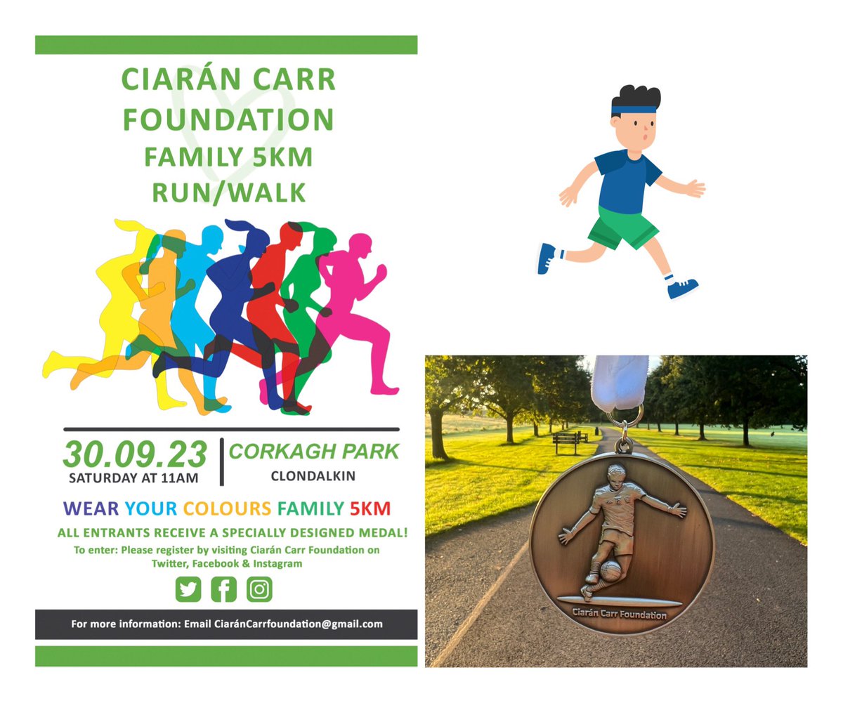 Nearly there! Register now &amp; get out your Club, County or Country colours for Saturday 30th September. 5km kicking off at 11am where we will be joined by live entertainment, coffee &amp; ice-cream with some treats along the way 💚💚 Register via the link 

ciarancarrfoundation.clr.events/event/134312:c…
