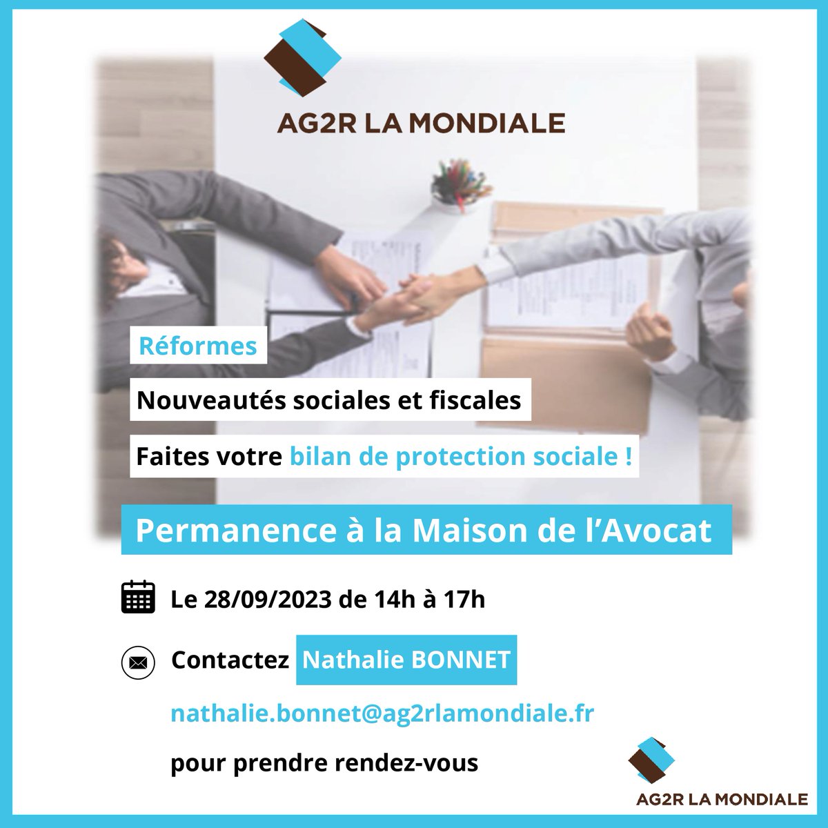 🔷 PERMANCE <a href="/AG2RLAMONDIALE/">AG2R LA MONDIALE</a>  🔷

▶ Conseiller en protection sociale, Madame Bonnet sera présente à la Maison de l'Avocat pour assurer une permanence le jeudi 28 Septembre 2023, de 14h à 17h.