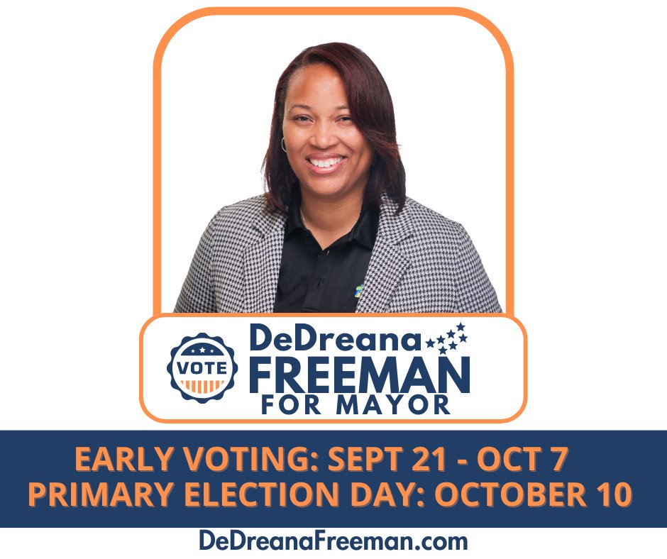 It's the FIRST DAY of Early Voting for the Municipal Primary Election. Your support has brought us this far; now it’s time to take action at the ballot box. Take advantage of this time and vote EARLY! 🗳️ #TeamFreeman #YourVoiceMatters 

Voter info: tinyurl.com/dcovotesEarly