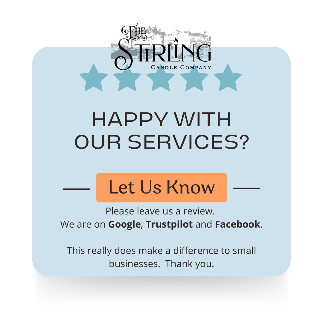 Customers, and wholesale clients, we would love to hear from you all!  

We are on Google, Trustpilot and Facebook.

Leaving a review really does make a difference to small businesses.

Thank you so much.

#thestirlingcandlecompany #scottishcandles #mhhsbd
