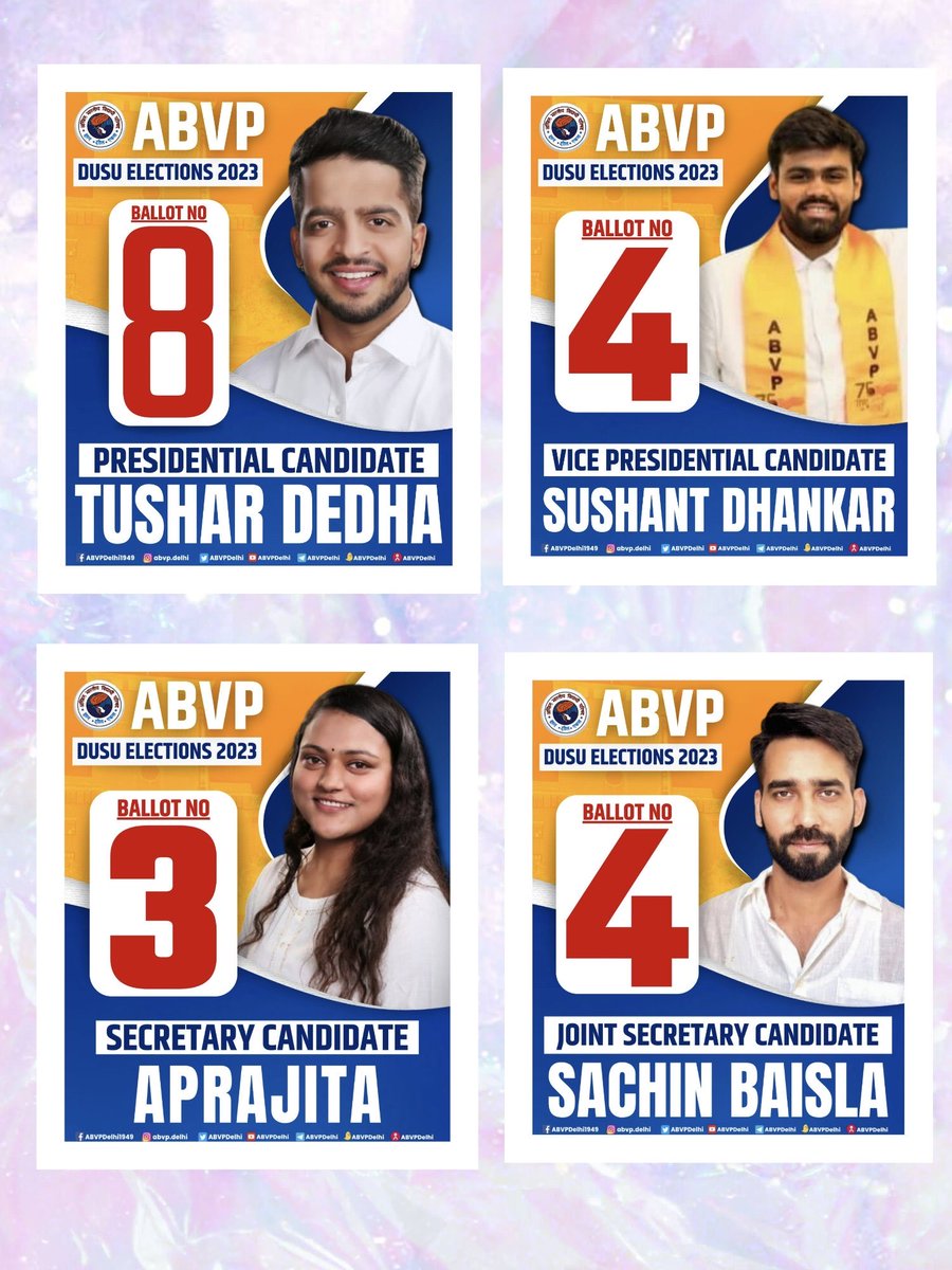 Make the right decision by electing the right candidates in #DUSU2023. Ballot Number: 8-4-3-4, #ABVP Once More!
#DUSU8434 #DUSupportsABVP