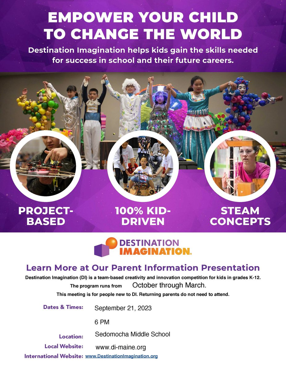 If you would like to learn more about Destination Imagination, just a reminder that there is a Parent Information Presentation tonight at SeDoMoCha at 6PM