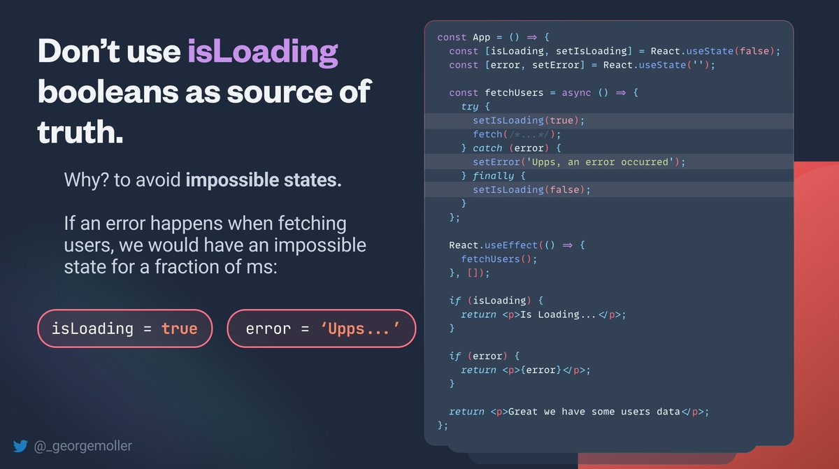 _georgemoller's tweet photo. ❌ Avoid using isLoading booleans as a source of truth in React.

✅ Instead use boolean variables that are derived from a source of truth ↓

1/2 https://t.co/hCVKXTxVVh