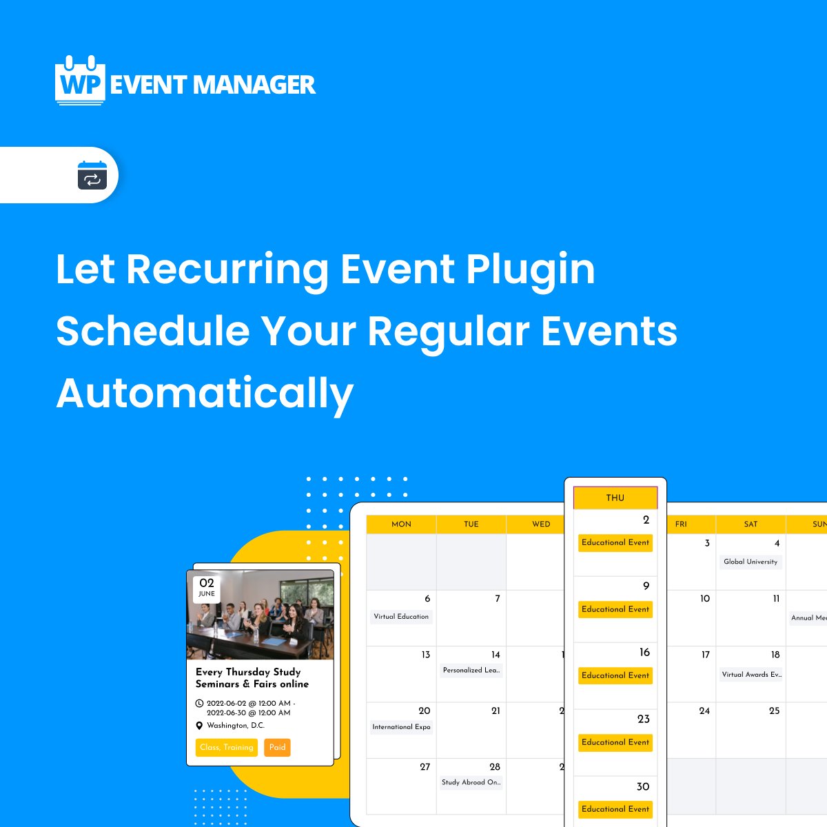 wp_eventmanager's tweet image. An easy solution is here for all the event organizers. Automate your events using WP Event Manager’s Recurring Event plugin and schedule them errorlessly.  

Explore our plugin: zurl.co/VTuQ  

#recurringevents #recurringeventaddon #recurringeventplugin #plugins