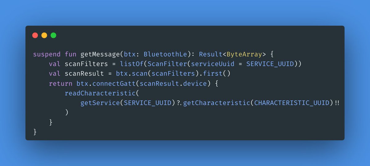 We released a new Jetpack Library for Bluetooth. It is still in early stages but with the new BluetoothX library, reading from a BLE device is as easy as this 🤯👇