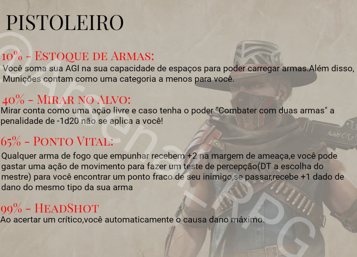 Arsenal_RPG's tweet photo. #Homebrew para #ordemparanormal Nova trilha de Combatente "Pistoleiro".
Edição: @Arsenal_RPG
Criado por: @Jujuba_Surtada1 e @Arsenal_RPG 

#OPQ #ordemparanormalRPG #Rpg https://t.co/lXXsRXVdVy