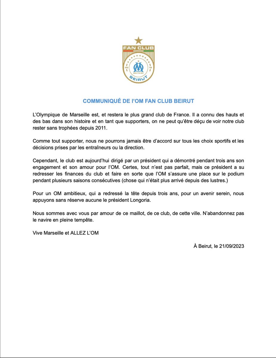 Communiqué de l'OM FAN CLUB BEIRUT: