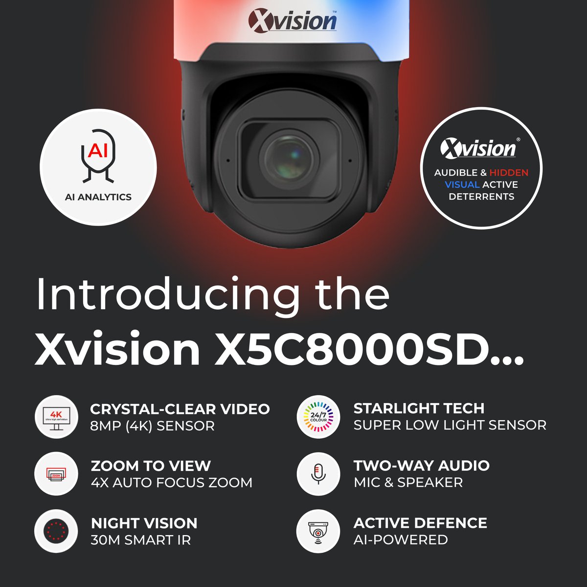 Y3K_CCTV's tweet photo. Meet the Xvision X5C8000SD 4K Active Defence Mini Speed Dome IP Camera, a game-changer in both performance and value.

Experience the power of AI analytics like geofencing, alerts, object detection and much more!

 https://t.co/u8vvVLJMiE

#Xvision #cctv #AI #securityawareness https://t.co/X9Xd04RIK1