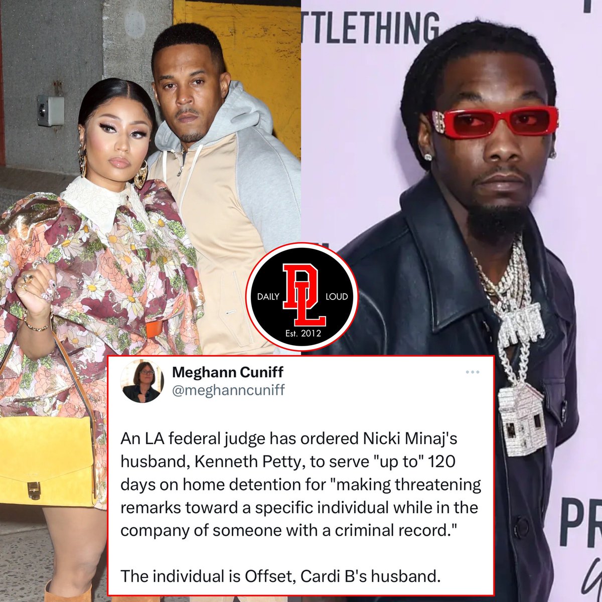 BREAKING: federal judge has ordered Nicki Minaj's husband, Kenneth Petty, to serve 120 days on house arrest for threatening Offset’s life.