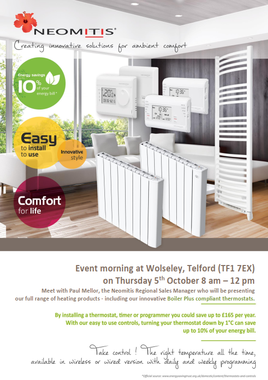 neomitis's tweet photo. Our RSM @paulm_neomitis will be showcasing the #Neomitis product range at @WolseleyUK , Telford (TF1 7EX) on Thursday 5th October 8 am – 12 pm.📍
Visit to see how easy our products are to use and install! #Controlofchoice 📷
#Thermostat #Electric #Radiators #TowelWarmers #Easy https://t.co/UNgLc6C3hZ
