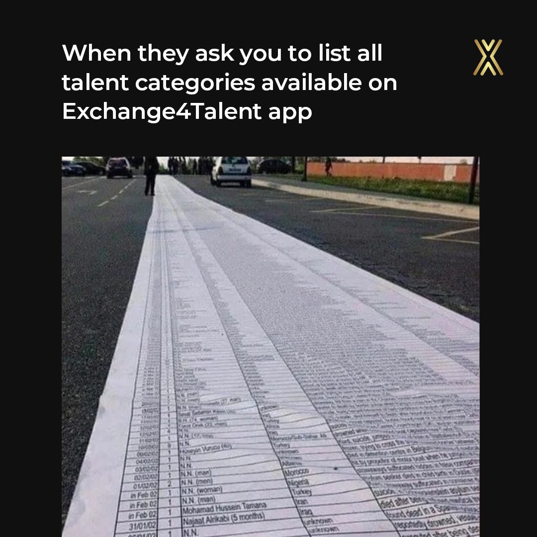 It goes on and on and on and on and on and.... You get the point 😂

We represent over 75+ talent categories on the Exchange4Talent app!

App available for download on Android
Coming to iOS soon 🚀

🔖
#E4TLaunch #NowOnE4T
#E4TStarryEyed #EndlessPossibilities