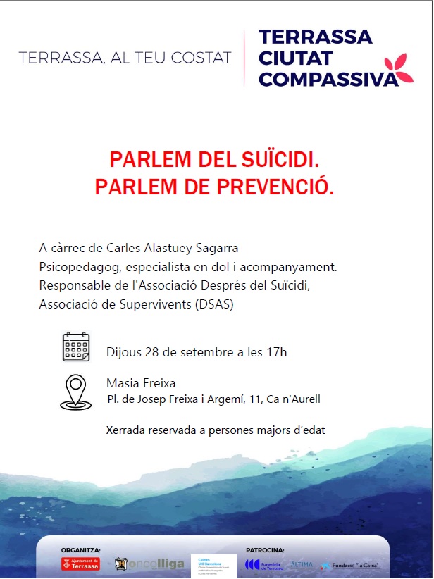EAPScuidesUIC's tweet photo. Parlem del Suïcidi, a càrrec de Carles Alastuey Sagarra

@UICbarcelona @OncolligaCAT @ajterrassa @FundlaCaixa @CatEaps @AltimaSF
 #finaldevidafundlacaixa https://t.co/GSlzyQF2Ar