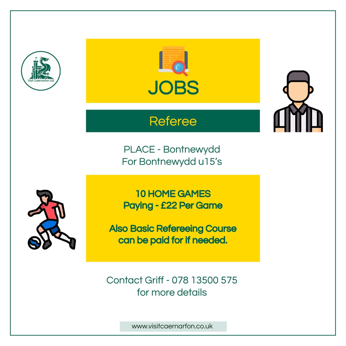 LOOKING FOR A JOB! Referee work is available in Botnewydd, local to Caernarfon! please contact Griff on 07813 500 575 for more details!

#caernarfon #bangor #gwynedd #northwalessocial #northwales  #visitcaernarfon #rhyl #menai #menaibridge #penygroes #rhosgadfan #bontnewydd