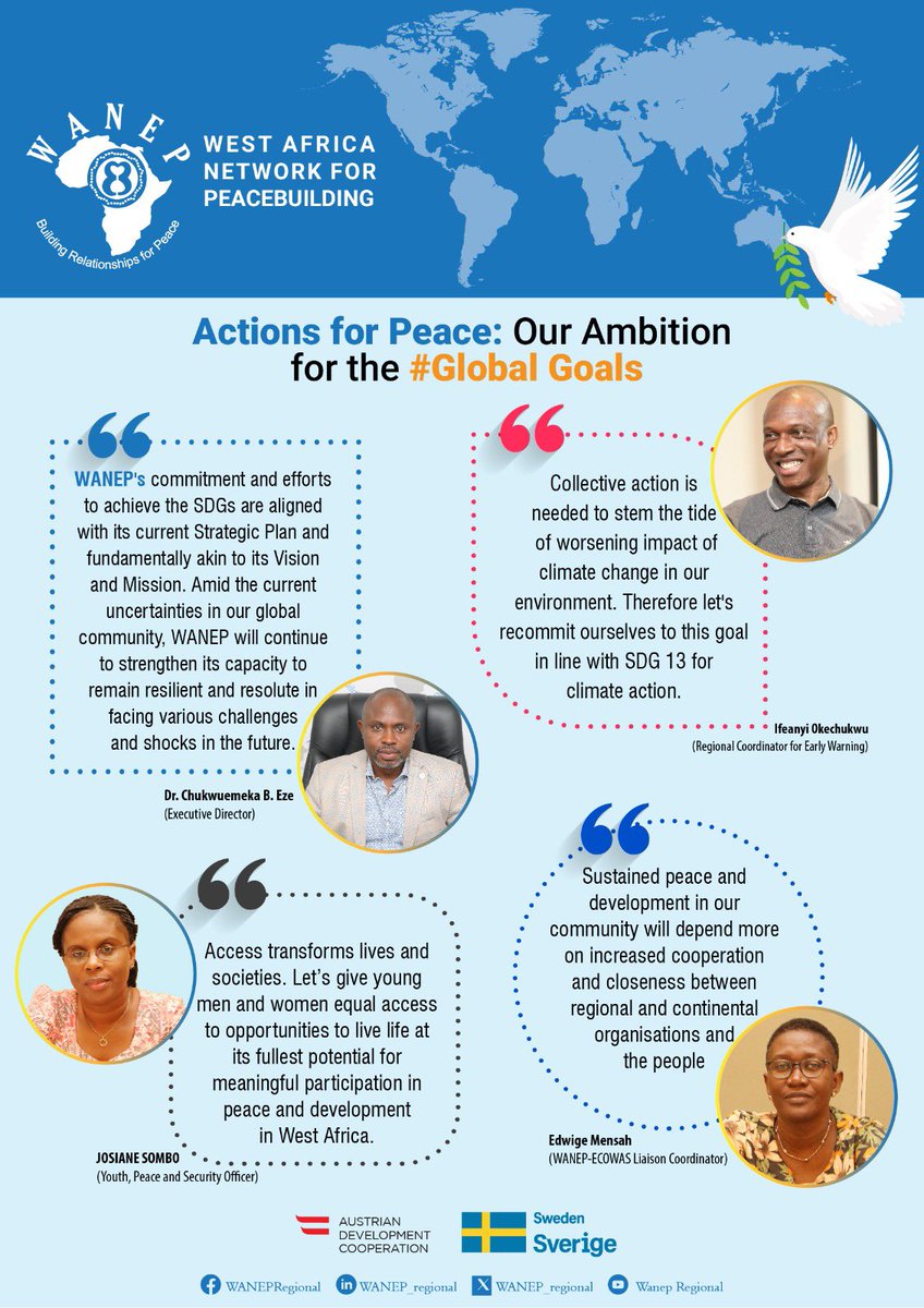 WANEP_Regional's tweet photo. On #InternationalPeaceDay, let's celebrate the power of words over conflicts. #WANEP's Executive Director and staff share their reflections on the organisation’s commitment to the #SDGs, aligning with its Vision and Mission.
Happy #IPD23 https://t.co/tPf4HKO8Mr