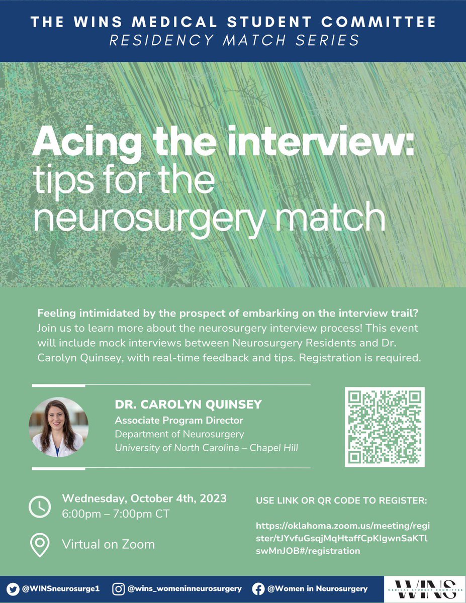 🎉 Join us for the next installment of the WINS MSC Residency Match Series: 'Acing the Interview: Tips for the #Neurosurgery Match.'

Get ready to sharpen your interview skills and secure your spot in the program of your dreams. 

Don't miss it! 💼🗣️ #ResidencyMatch #Match2024