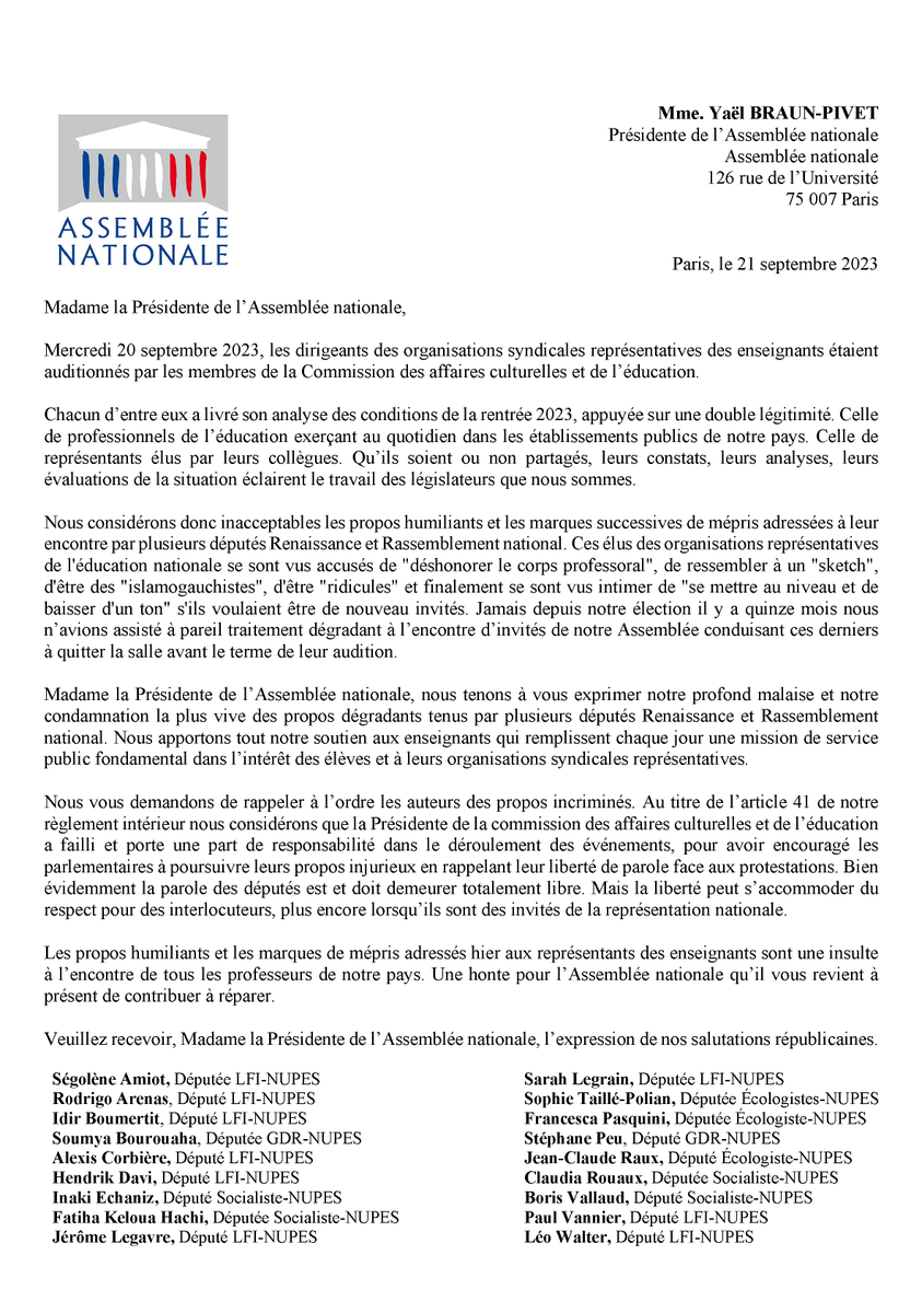 🔴 Hier, les propos humiliants et les marques de mépris adressés aux représentants des enseignants par des députés Renaissance et RN sont une insulte à l’encontre de tous les professeurs !

Courrier des députés NUPES à <a href="/YaelBRAUNPIVET/">Yaël Braun-Pivet</a> ⤵️