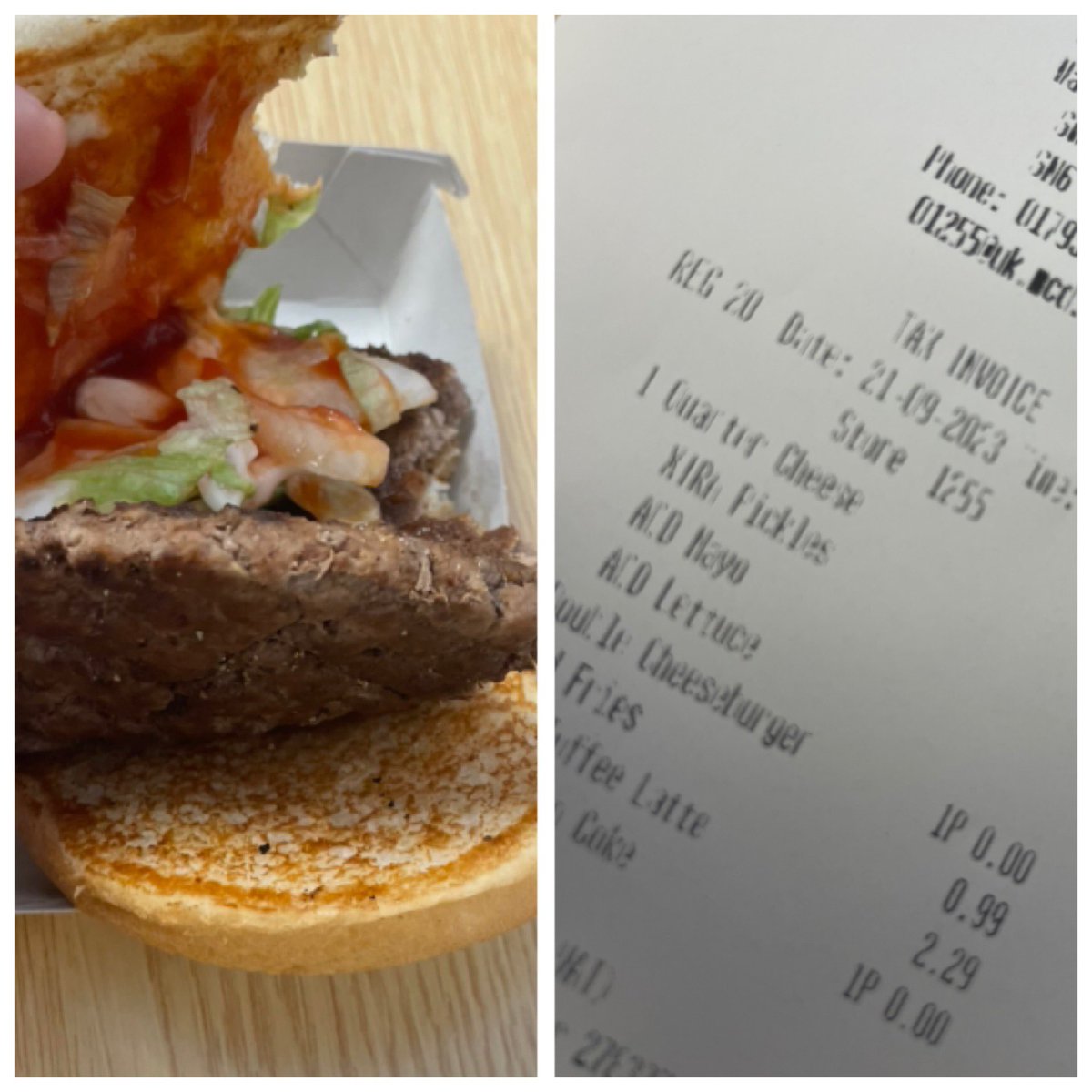 AlanHart's tweet photo. @McDonaldsUK My “quarter with cheese” with extra pickles, mayo and lettuce… 
One question… where’s the cheese!?!?
I have no idea how you can you forget to put cheese… in a “quarter pounder with cheese” it’s literally in the name! https://t.co/jCh1wjj5lD