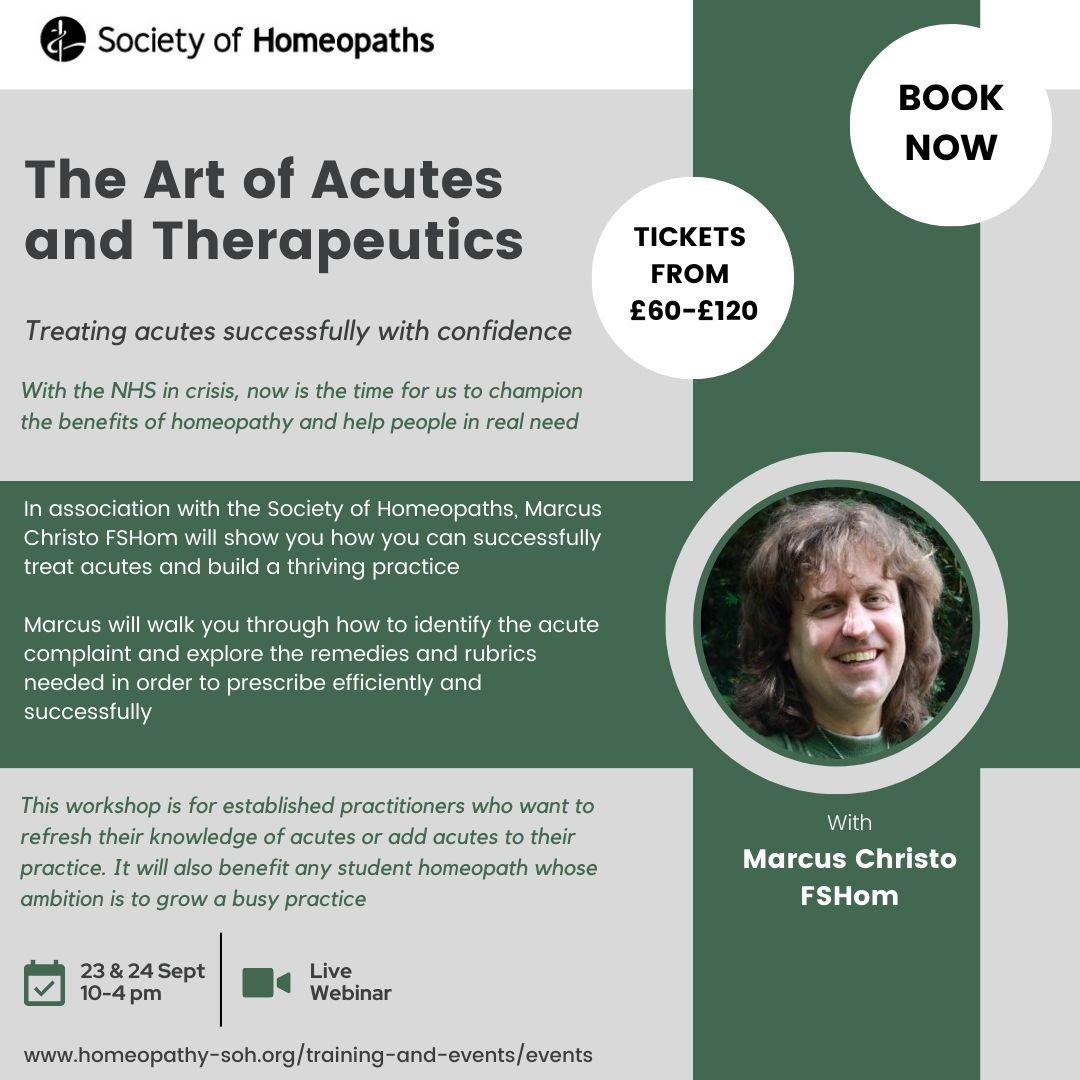 Last call for Acute training this weekend. Can you spare time to top up your acute training and take the opportunity to champion homeopathy in the treatment of acutes? Watch the trailer - youtube.com/watch?v=tHBU6x…
Find out more about the course &amp; book homeopathy-soh.org/.../the-art-of…