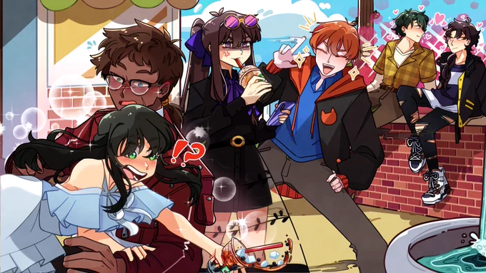 a birthday gift I drew for my bestie!! Our oc's havin the time of their lives! 