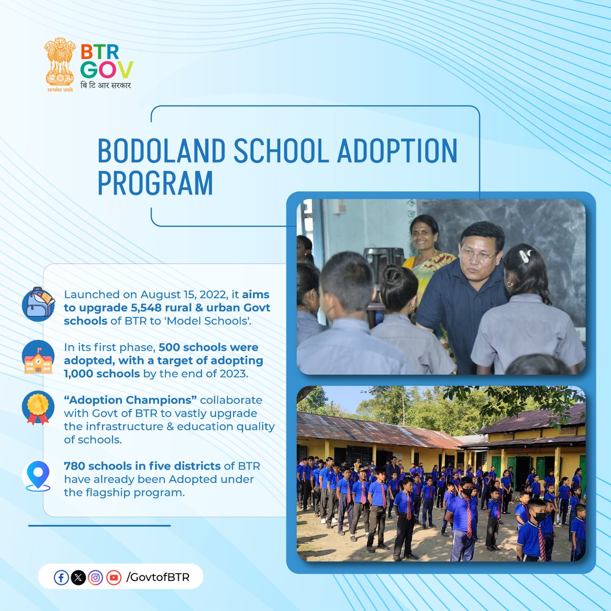 GovtofBTR's tweet photo. Govt of BTR’s ‘Bodoland #SchoolAdoptionProgram’ aims to transform the 5548 govt schools of BTR into Model Schools through an enduring Citizen-Govt partnership.

This flagship initiative is an affirmation of our Govt’s commitment towards the future of BTR’s children. https://t.co/9aS08wnlo6