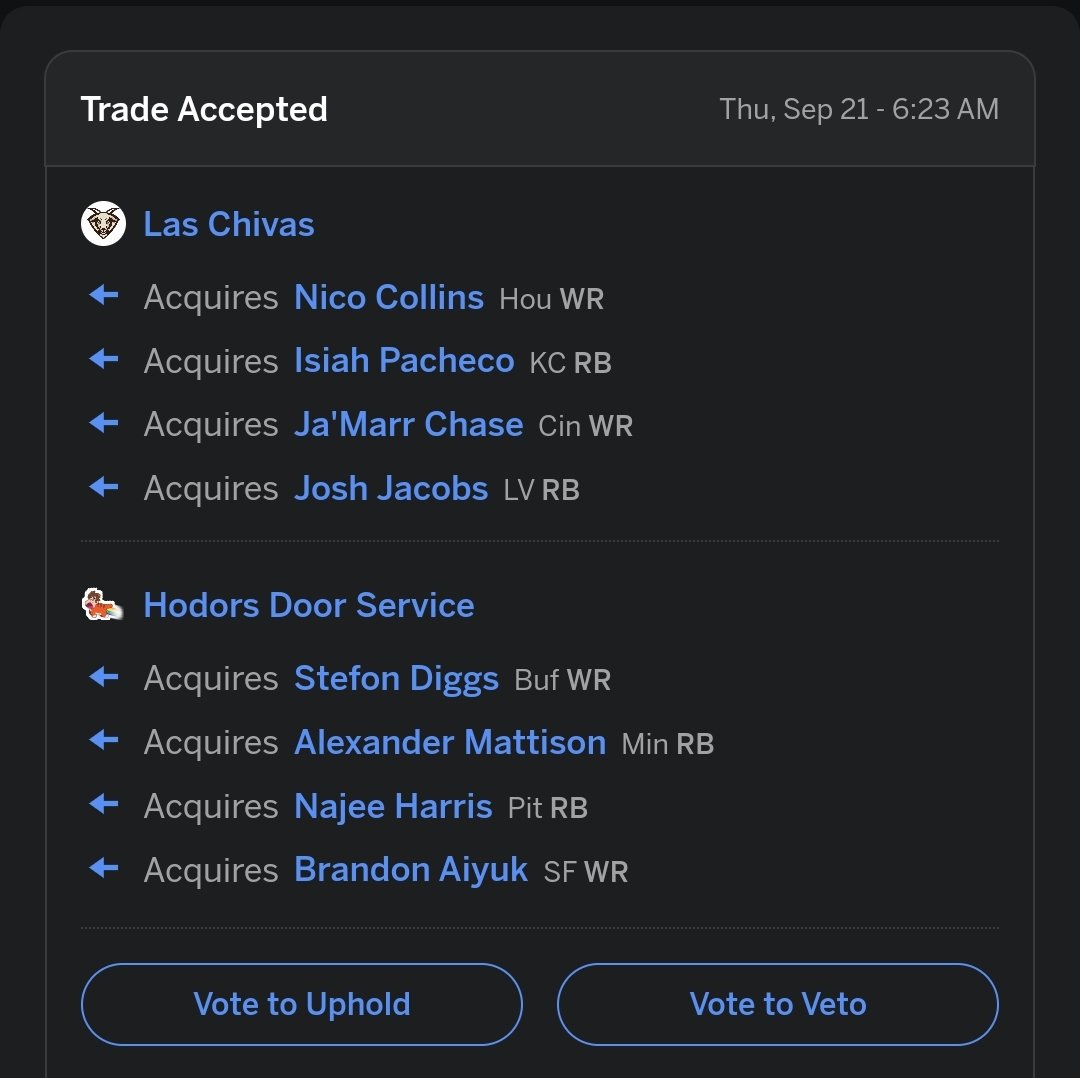 SFL_Commish87's tweet photo. First trade of 2023 between Las Chivas &amp; Hodor Door Service [Pending League Votes] #SFL #FantasyFootball https://t.co/2inGegfHqe