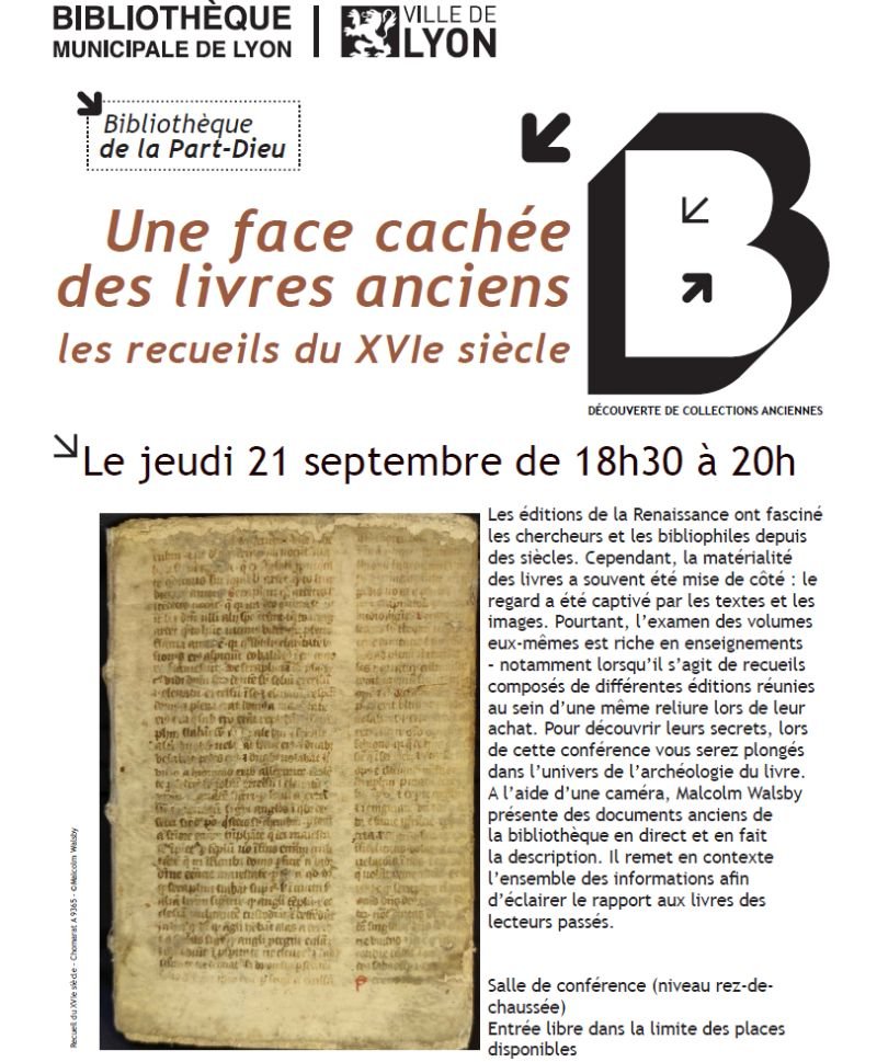 Pour les Lyonnais: je parle ce soir de recueils - et d'un recueil en particulier - <a href="/BibLyon/">Bibliothèque municipale de Lyon</a>. Venez découvrir ce qu'on peut apprendre en regardant de près un livre du XVIe siècle !