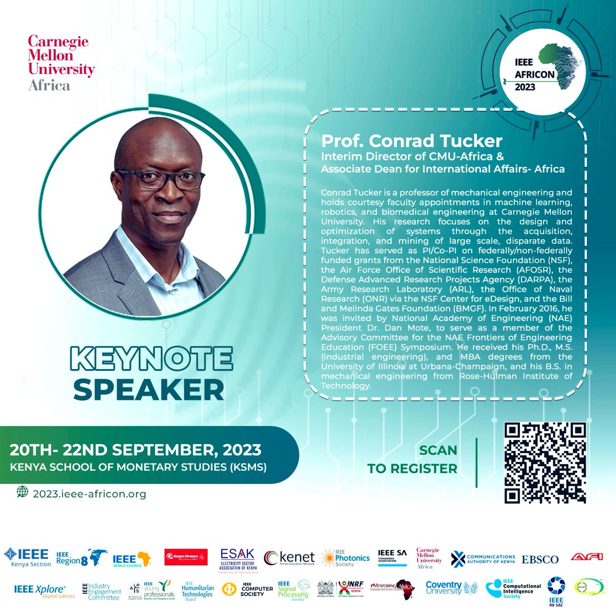 The interim Director of @cmu_africa Prof. Conrad Tucker will give a keynote  address at #africon2023 @ieeeafricon @IEEEPES_Kenya @IEEEKenyaComSoc @IEEEPhotonics