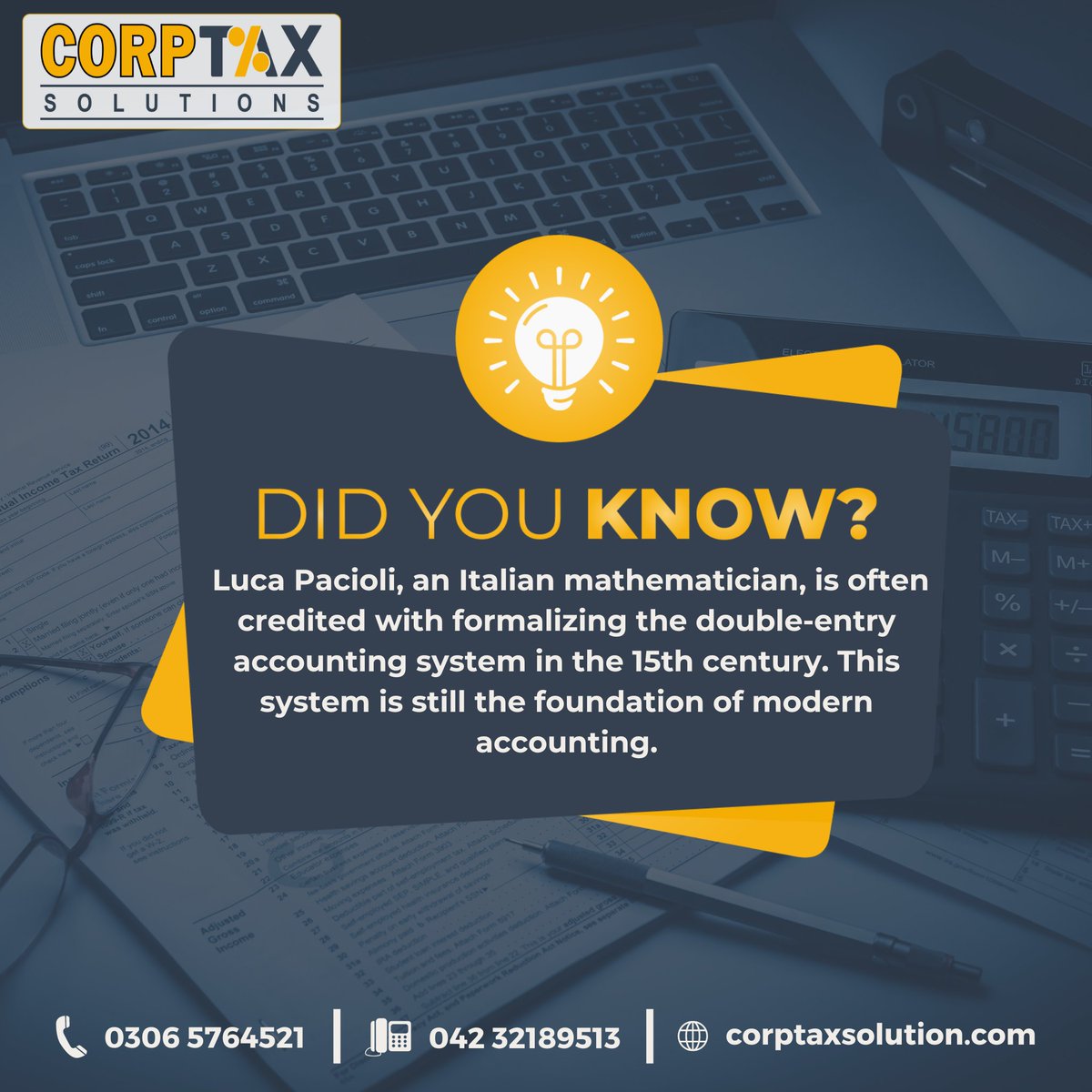 Interesting fact 📝

Luca Pacioli, A founder of double-entry accounting system in the 15th century.
.
.
#Corptax #TaxConsultant #TaxFacts #accounting #history #modernaccounting #financialaccounting #accountinghistory #taxfact #bookkeeping #accountingservices #bookkeeper #callnow
